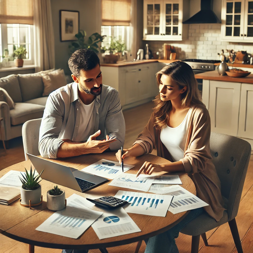 Pareja joven gestionando sus finanzas en casa con gráficos y documentos, trabajando juntos para lograr un equilibrio financiero.