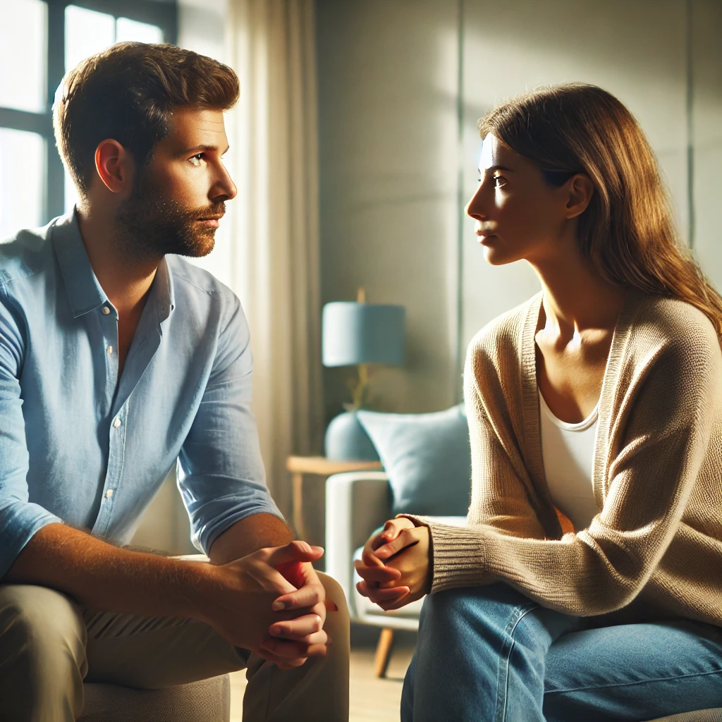 Pareja joven conversando sobre sus emociones después de una crisis en la relación, sentados en un entorno relajado y acogedor.