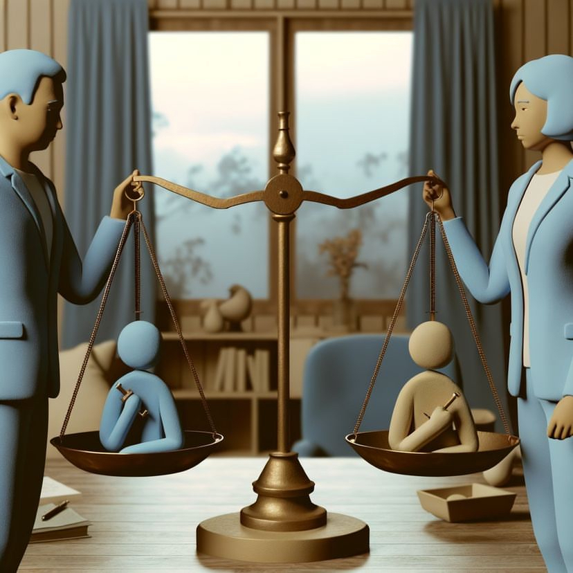 <img data-lazyloaded= Ilustración abstracta de una pareja sosteniendo una balanza, simbolizando el equilibrio en la toma de decisiones en pareja. Cada lado de la balanza tiene una figura humana que representa las diferentes contribuciones de cada persona en la relación.