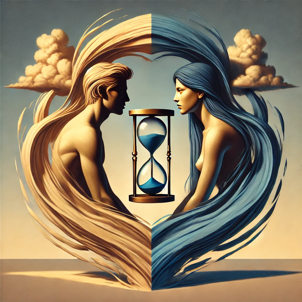 <img data-lazyloaded= Imagen simbólica en tonos beige y azul que representa la proyección de la sombra propia en la pareja. Dos figuras andróginas se reflejan en un espejo roto, con sombras oscuras que se entrelazan entre ellas, simbolizando las emociones profundas. Un reloj de arena beige y olas azules intensas representan el paso del tiempo y la turbulencia emocional en las relaciones.