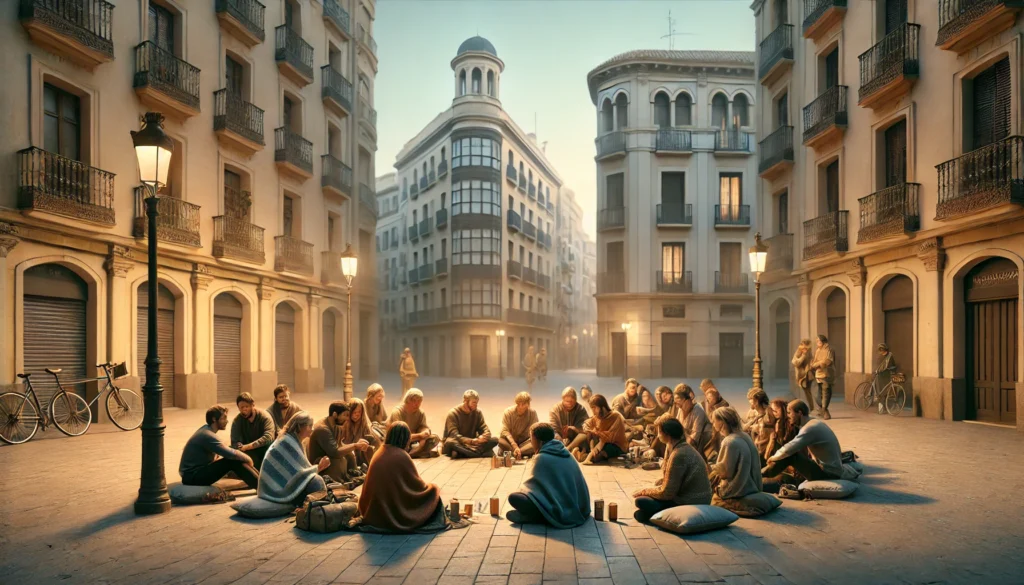 Escena hiperrealista de solidaridad comunitaria en Valencia, España. Personas diversas interactúan en un entorno acogedor, comparten gestos de apoyo emocional y brindando ayuda en una plaza al aire libre. Los edificios de arquitectura clásica europea y una luz suave crean un ambiente cálido, con tonos en azul y beige. Algunos grupos conversan en bancos, mientras que otros ofrecen mantas y bebidas calientes, transmitiendo un fuerte sentido de comunidad y conexión.