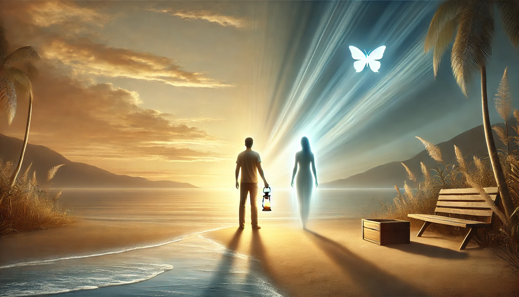 A hyperrealistic depiction of overcoming emotional dependency and transforming relationships, featuring a serene scene with a person standing on a peaceful beach during sunrise. The individual looks confident, holding a glowing lantern that symbolizes self-awareness and growth. The background shows soft beige and blue tones blending beautifully in the sky and ocean, creating a tranquil atmosphere. In the distance, faint silhouettes of two people walking hand in hand signify healthier connections. The composition emphasizes clarity, balance, and emotional renewal.