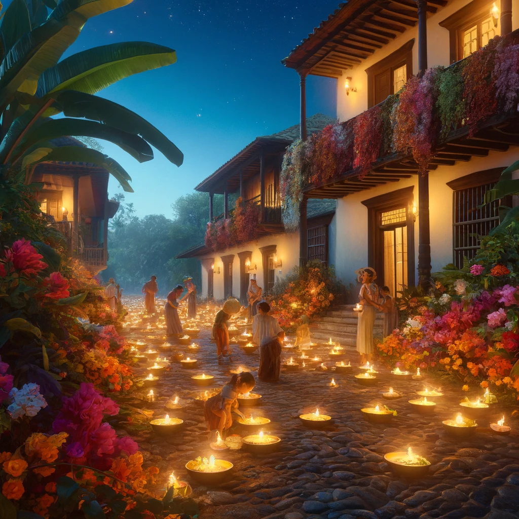 Una escena hiperrealista de la Noche de las Velitas en Colombia, al atardecer, con pequeñas velas encendidas sobre un camino de adoquines, rodeadas de flores coloridas y vegetación tropical. Al fondo, personas reunidas encendiendo más velas en un ambiente cálido y familiar.