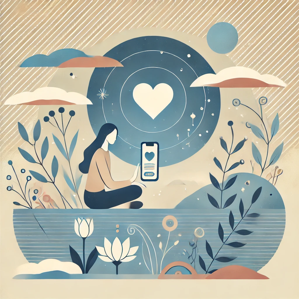 Una ilustración conceptual con tonos azul y beige que representa el amor propio en el contexto de las apps de citas. Una persona sentada sostiene un teléfono mientras está rodeada de símbolos como un corazón brillante y flores, reflejando equilibrio y tranquilidad.