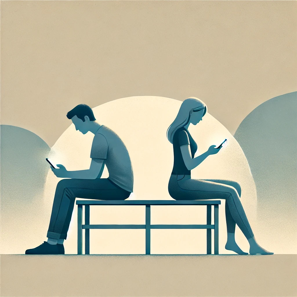 "Una ilustración digital minimalista que muestra a una pareja sentada en un banco, cada uno mirando su teléfono móvil, simbolizando la desconexión emocional en la era digital. El fondo es sencillo con tonos beige y azul, destacando la luz fría de las pantallas y los tonos cálidos de la piel."