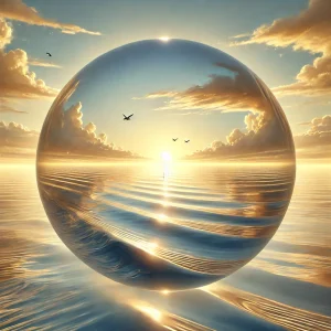 "Amanecer hiperrealista sobre un horizonte sereno, con suaves tonos beige y azul, reflejando calma y gratitud por el año 2024."