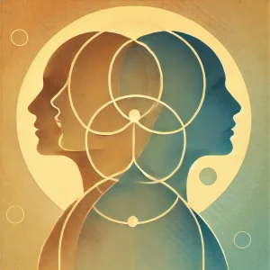 Ilustración conceptual de relaciones poliamorosas en tonos beige y azul, representando conexión, amor y confianza.