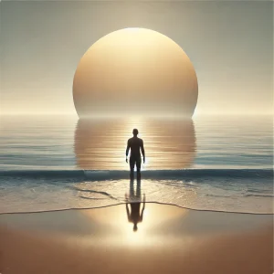 Persona de pie en la orilla del océano, mirando al horizonte, simbolizando la aceptación emocional y el comienzo de la transformación personal.