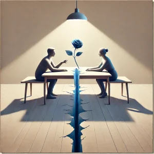 Dos personas sentadas en lados opuestos de una mesa de madera con una grieta en el centro, simbolizando la ruptura de la confianza. Una rosa azul marchita sobre la grieta y manos extendidas muestran el esfuerzo por sanar la relación.