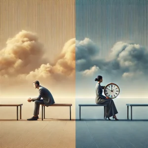 Dos figuras sentadas en bancos separados bajo un cielo en tonos beige y azul, simbolizando la distancia emocional y la postergación del compromiso. Una de las figuras sostiene un reloj mientras la otra mira al horizonte, evocando incertidumbre y espera.