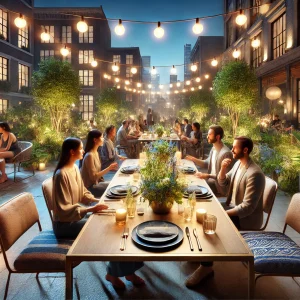 Una cena al aire libre en un patio urbano decorado con luces colgantes cálidas y plantas verdes. Personas de diversas culturas están sentadas en una mesa moderna compartiendo comida y risas, con edificios iluminados al fondo y una atmósfera relajada y amigable.