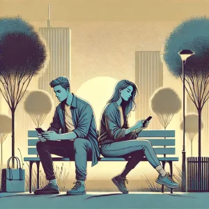 Pareja joven sentada en una banca de parque al atardecer; el hombre mira su teléfono mientras la mujer observa pensativa hacia el horizonte. Los tonos beige y azul predominan en la imagen, evocando desconexión emocional.