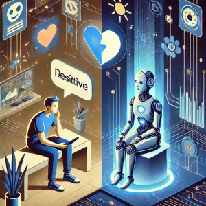 Ilustración futurista en tonos azul y beige que muestra el impacto dual de los chatbots emocionales: apoyo emocional y riesgo de dependencia digital.