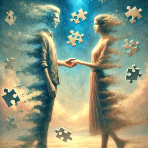 Ilustración surrealista de una pareja con las manos desintegrándose en arena, rodeada de piezas de rompecabezas flotantes, con tonos azul y beige.