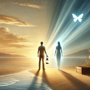 Persona de pie en una playa tranquila al amanecer, sosteniendo una linterna que simboliza el autodescubrimiento y el crecimiento personal, con tonos suaves de beige y azul en el cielo y el mar. Al fondo, dos figuras representan relaciones saludables.
